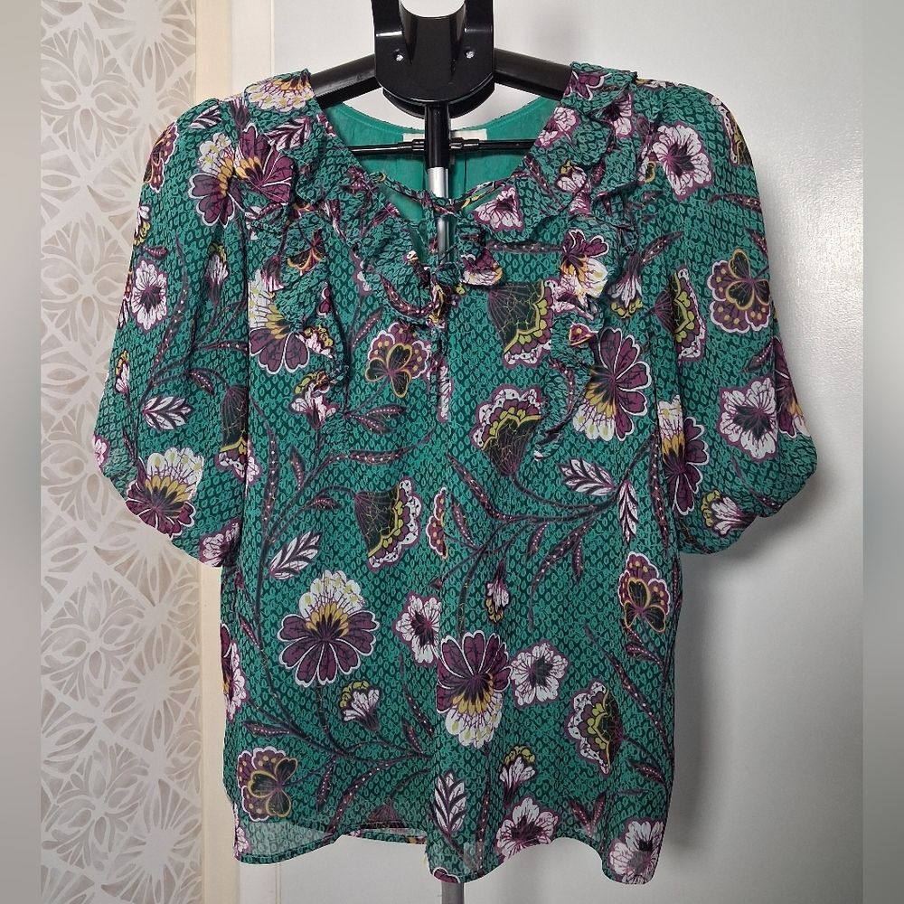 Loft Green Floral Ruffle-Trim Women's Blouse puff sleeve